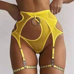 bright yellow mesh cutaway / keyhole banded high waist thong
